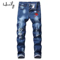 Jeans da uomo HMILY Big Size 28-42 Uomo Pantaloni da uomo di lusso Denim Pantaloni Zipper Embroidery Slim Black Hole per1