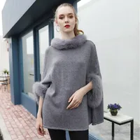 女性用セーター本物のウールケープポンチョコート冬の温かいニットセーターと女性のための毛皮トリム