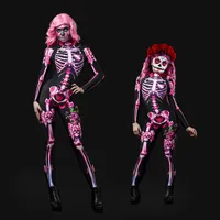 Femenino 3D Esqueleto Flower Print Halloween Manga Larga Bodycon Costume Cosplay Body Para Niños Estirar Skinny Catsuit Mono