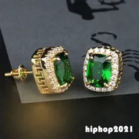 Hip Hop Diamond Stud Earrings Colorful Gemstone Bling Red Green Blue Gem Ruby Emerald Earrings For Women Jewelry