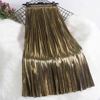 Tigena Y2K блестящий металлический блеск длинной плиссированной юбки женские женщины стиль улицы мода твердая линия высокая талия MIDI юбка женское золото AA220309