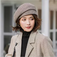 Mujeres elegante boina para invierno femenino de algodón sombreros a cuadros vendimia moda octagonal casual boina otoño 2020 marca nueva mujer
