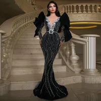Sparking Mermaid Prom Dresses Crystals Multilayered Ruffles Sash Evening Dress Custom Made Beaded Sequins Long Puffy Sleeves Celebrity Party Gown