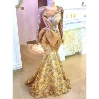 Guld Aso Ebi Mermaid Evening Klänningar Långärmad Sheer Neck Sweep Train Plus Size Floral Lace Prom Party Gowns för arabiska kvinnor 2022 cg001