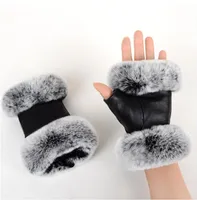 Outdoor autumn and winter women&#039;s sheepskin gloves Rex rabbit fur mouth half-cut computer typing foreign trade leather clothing mittens