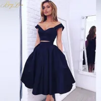 Ginocchio Dress Homecoming 2019 Due pezzi Navy Satin Homecoming Gown Prom Dress Vestito di laurea Vestido de Formatura