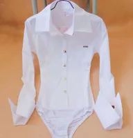 Sexiga Kvinnor Pocket Pointed Cuff Bodysuit Blouse Slim Långärmad Ladies Karriär Button Down White Shirts Tops Cloth Gratis frakt