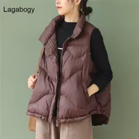 Lagabogy Women 90% White Duck Down Vest Jacket Female Ultra Light Waistcoat Autumn Winter Zipper Loose Sleeveless Coat 220108
