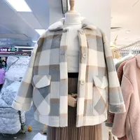 Oln 2019New Tarzı Moda Kış Vintage Gevşek Yaka Kürk Bir Kısa Ceket Kalın Cep Ekose Mizaç Kadın Palto 01001