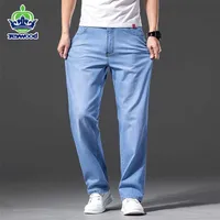 Men Lyocell Fabric Jeans Classic Autumn Cotton Straight Stretch Brand Denim Pants Overalls Light blue Fit Trousers 40 42 44 220124