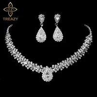 Treazy Sparkling Strass Crystal Teardrop Design Set di gioielli da sposa Set di gioielli da sposa in argento placcato collana girocollo orecchini