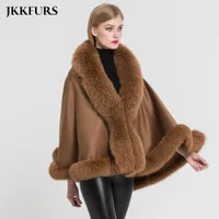JKKFURS 여성용 Poncho 정품 여우 모피 칼라 트림 캐시미어 케이프 양모 패션 스타일 가을 겨울 따뜻한 코트 LJ201203