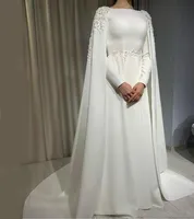 Skromne białe suknie wieczorowe Dubaj Arabia Saudyjska Kobiety Abaya Długie Rękawy Prom Suknie z Cloak Cape Lace Zroszony Formalna Dress Dress Al7478