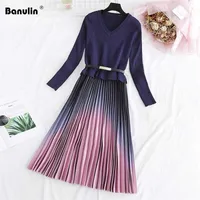 Autumn Winter Elegant Knitted Patchwork Gradient Print Pleated Dres Long Sleeve Office Sweater With Belt 220121