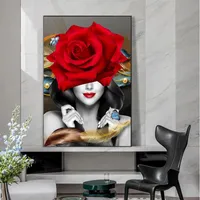Paintings Woman With Flower Canvas Painting Feather Red Rose Wall Art Pictures For Living Room Modern Aesthetic Posters Home Decor