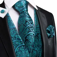 Men&#039;s Vests Hi-Tie Teal Green Floral Paisley Silk Men Slim Waistcoat Necktie Set For Suit Dress Wedding 4PCS Vest Hanky Cufflink