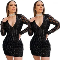 Party and Club Womens Dresses Sexy Womens Designer Dresses Fashion V Neck Sequins Long Sleeve Bodycon Dresses