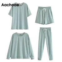 Aachoae Women Solid Casual Tracksuits 2021 Loose o Neck Tshirt Shorts Pants Suits Female Summer Home Style Two Piece Sets