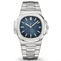 고품질 노틸러스 자동 기계 남성 시계 블루 다이얼 사파이어 스테인레스 스틸 5711 유리 백 남성 손목 시계