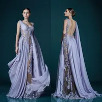 Diepe V-hals Lavendel Avondjurken met Wrap Applicaties Sheer Backless Celebrity Jurk Evening Toga 2022 Prachtige Chiffon Long Prom Dress