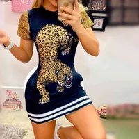 Tight-fitting Party Dress Womens Sexy Daily Wear O-neck Cute Tiger Animal Print Short-sleeved Casual Summer Retro Mini Dre