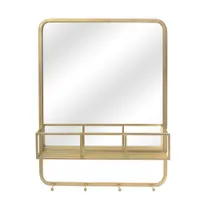 25 Inch Indoor Wrought Iron Wall-mounted Flat Mirror with Shelf Hooks Rectangular Bathroom Bedroom Vanity Gold