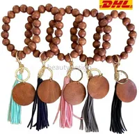 DHL 6 styles Wooden Bracelet Keychain with Tassels Key DIY Wood Fiber Pandent Wood Bead Bangle Key Decorate Fashion FY3565