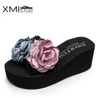 Xmistuo el yapımı güzel çiçekler yeni kadın terlik ile elastik kemer flip-floplar sandalet terlikleri rahat giyim plaj ayakkabı X1020