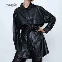 Женская кожаная искусственная фитэйлорские женщины черные PU куртка галстука лук поясных карманов сплит пальто женское негабаритное уличное мягкое панк пальто