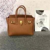 Leather Tote Bag Women Birkins European Handbag Genuine Purse Litchi Designer French Buckle Brand American Pattern Luxury 0O1W