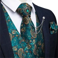 Teal Green Paisley 100% Silk Formal Dress Vest Men Waistcoat Vest Wedding Party Vest Tie Brooch Pocket Square Set DiBanGu 220125