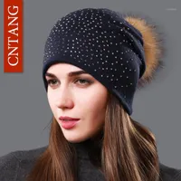 CNTANG Fashion Autumn Beanies Rhinestones Hat For Women Female Skullies Natural Raccoon Pompom Fur Hats Winter Warm Cotton Caps1