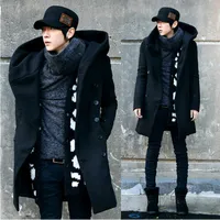 Оптовые - мужские пальто, серый черный темно-синий синий 2016 мода дешевое мужское гороховое пальто с капюшоном двубортный длинный шерстяной траншею