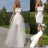 Modern Wedding Dresses With Bateau Sleeve-less Appliqued Race Wedding Dress With Detachable trailing Custom Made Vestidos De Novia