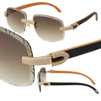 Novos óculos de sol sem aro de diamante pavimentados micro-pavimentados Wood Metal Womens Sun Glasses Designer Male e Fêmea Frame 18K Lente UV400 Lens Grandes Óculos Quadrados Tamanho: 60