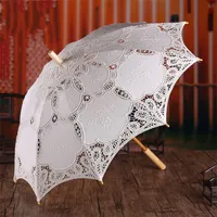 Langer Griff Spitze Regenschirm Braut Hochzeit Dekorative Fotografische Tanzstützen Mode Stickerei Regenschirme Reine Weiße Baumwolle Heißer Verkauf 48ny m2