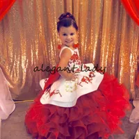 Güzel Kırmızı Bebek Yarışması Elbise Spagetti Askı Aplikler fırfır Katmanlı Çiçek Kız Elbise Özelleştirilmiş Boncuklu Çocuk Balo Elbise