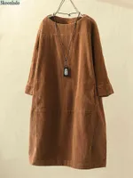 Autumn Winter Corduroy Retro Solid Dress Plus Size 5x Loose Women Thick Dresses Good Quality Lady Comfortable