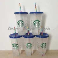 Starbucks Tumbler Blue Tazas 24 oz / 710ml Tamaños de plástico Taza de bebidas Sirena Goddesa Frappuccinos Color Cambiante Rainbow Sublimateow2R