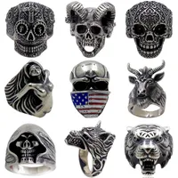 5 sztuk / partia Vintage Gothic Wolf Head Ring Men Skull Pierścień Punk Biżuteria Akcesoria Demon Szatan Kózki Czaszki Pierścienie 001