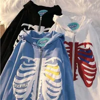 Grunge jaqueta com capuz zip-up y2k solta crânio impressão anime goth cor sólida cor retro camisa harajuku estilo coreano girltop hoodies 220211