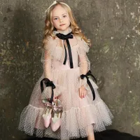 Polka-Dot tulle flor menina veste ilusão de mangas compridas menina menina vestido fita fitas de comunhão vestido ano novo ano