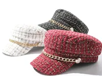2021 Automne hiver Tweed chaîne de la chaîne militaire pour femmes de laine plate armée casquette chapeau chapeau fille girl Visière voyage bérets plaid journals