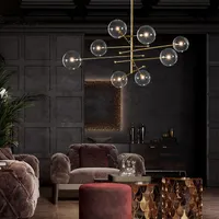 EMS 2020 Conception moderne Chandelier de boule de verre 6 têtes Lustre de lampe à bulles en verre clair pour le salon Cuisine Noir / Gold Light Fixture
