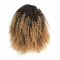 Kręcone Human Włosy Ponytail z Bang Fringe 1B / 27 Ombre Blondynki Sznurek Pony Ogon Ognioszki Afro Kinky Puff Clip In Hair Extension