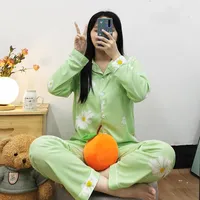 Pijama de manga longa primavera feminina e outono solto Cardigan coreano com botão da frente da menina da menina