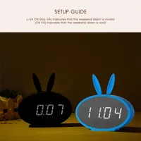 미국 주식 만화 토끼 귀 주도 나무 디지털 알람 시계 음성 제어 온도계 디스플레이 블루 A08