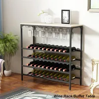 Topmax ريفي 40 زجاجات غرفة الطعام المطبخ الطابق المعدني الحرة الدائمة رف النبيذ الجدول مع حاملي الزجاج، 5-tier زجاجة النبيذ المنظم رفوف ضوء A54