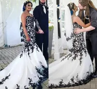 Sexy preto e branco retro sereia plus size vestido de noiva applique tulle espartilho tribunal camponês casamento vestidos de vestidos de noiva