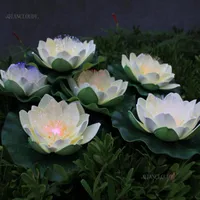 Dekorativa Blommor Kransar Konstgjorda Vattentät Led Optisk Fiber Ljus Flytande Beige Lotus Heads Lily Bröllopsfest Natt D56